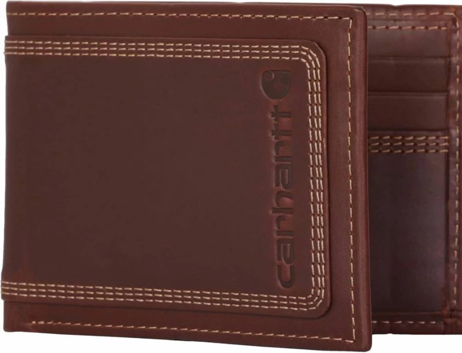 Carhartt Men's Genuine Leather Passcase Wallet with Contrast Stitching - Durable Bifold Design