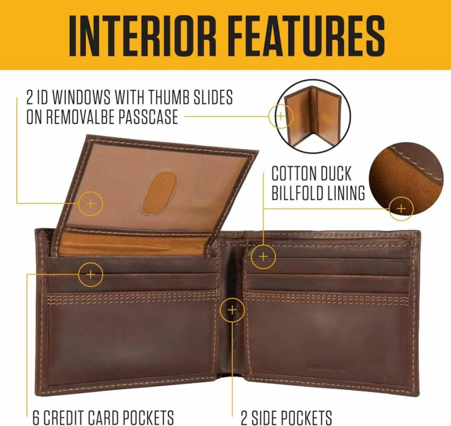 Carhartt Men's Genuine Leather Passcase Wallet with Contrast Stitching - Durable Bifold Design