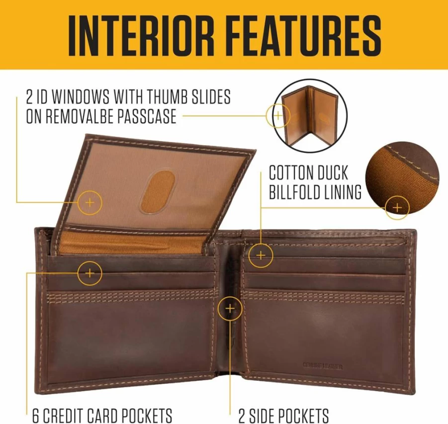 Carhartt Men's Genuine Leather Passcase Wallet with Contrast Stitching - Durable Bifold Design for Everyday Use